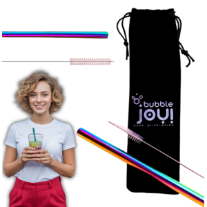BubbleJoy Stalowa Tęczowa Słomka do Bubble Tea 21,4 cm + Czyścik + Etui